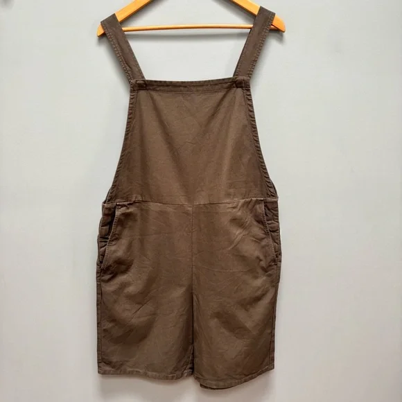 Eileen Fisher Cotton Hemp Stretch Short Overalls in Olive Green S